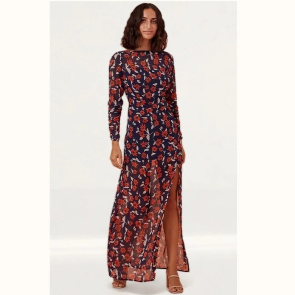 Finders Keepers Maya Maxi Dress Navy Red Floral Open Back Long Sleeve Small S